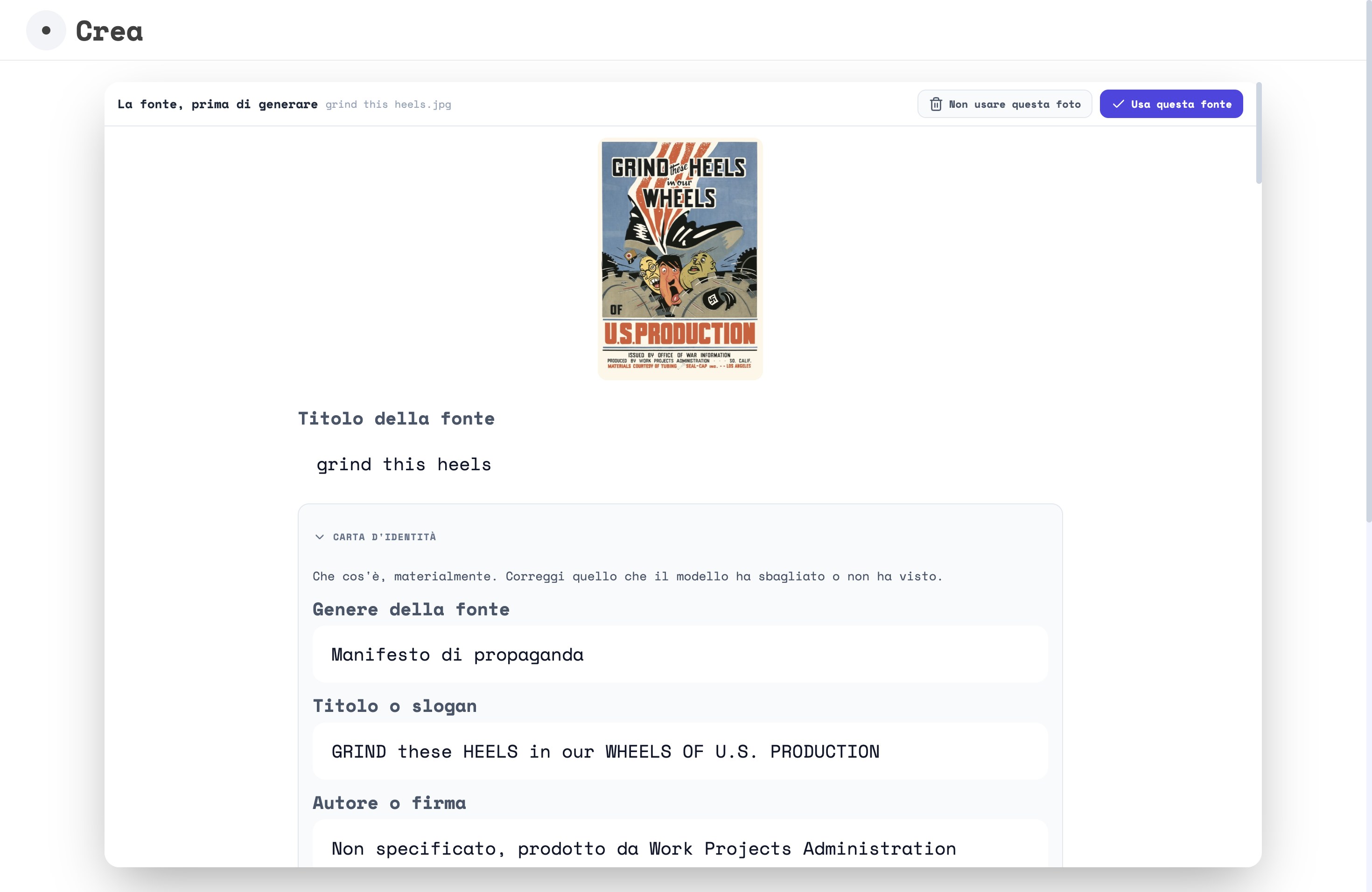 La scheda di lettura che l'AI propone da una fonte iconografica
