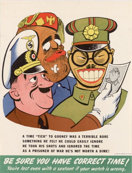 Manifesto americano a colori: tre caricature dei capi dell’Asse attorno a una fotografia di un soldato addormentato, con una poesia in basso su fondo verde