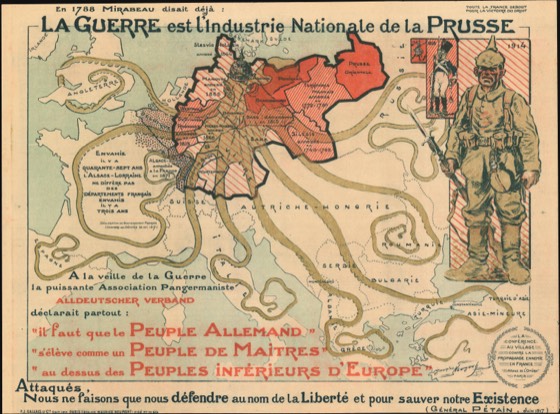 Carta propagandistica francese dell’Europa centrale con la Prussia in rosso, un soldato con elmo a punta, citazioni e un testo in francese