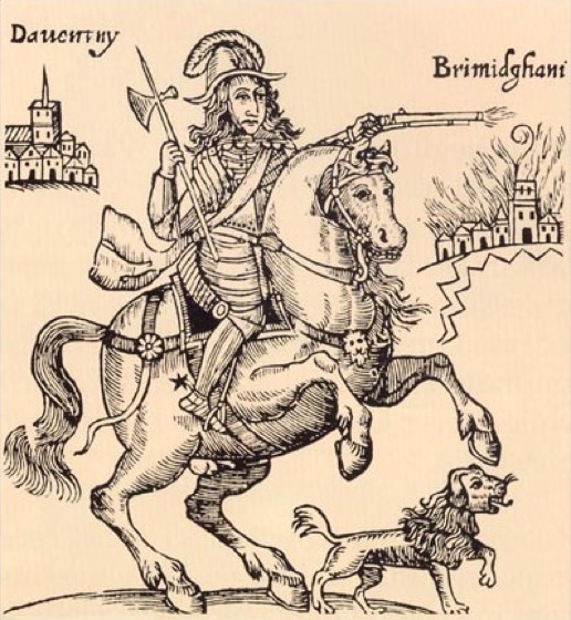 Xilografia di un cavaliere armato su un cavallo che s’impenna, con un cane; a sinistra un villaggio, a destra una città in fiamme, scritte «Dauentry» e «Brimidghani»