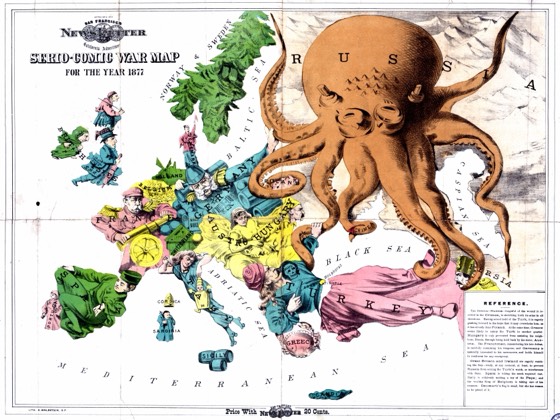 Carta satirica dell’Europa nel 1877: gli Stati sono figure umane e la Russia è un grande polpo arancione con i tentacoli sul resto del continente