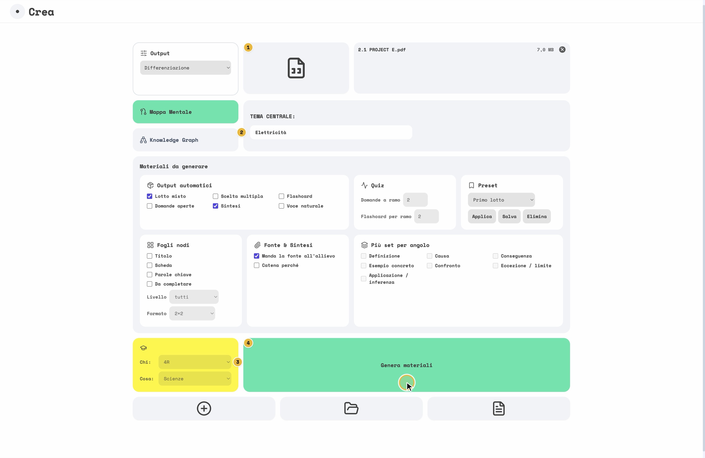 La pagina CREA: Output, fonti, tipo di mappa, tema, classe e materia, e il bottone verde