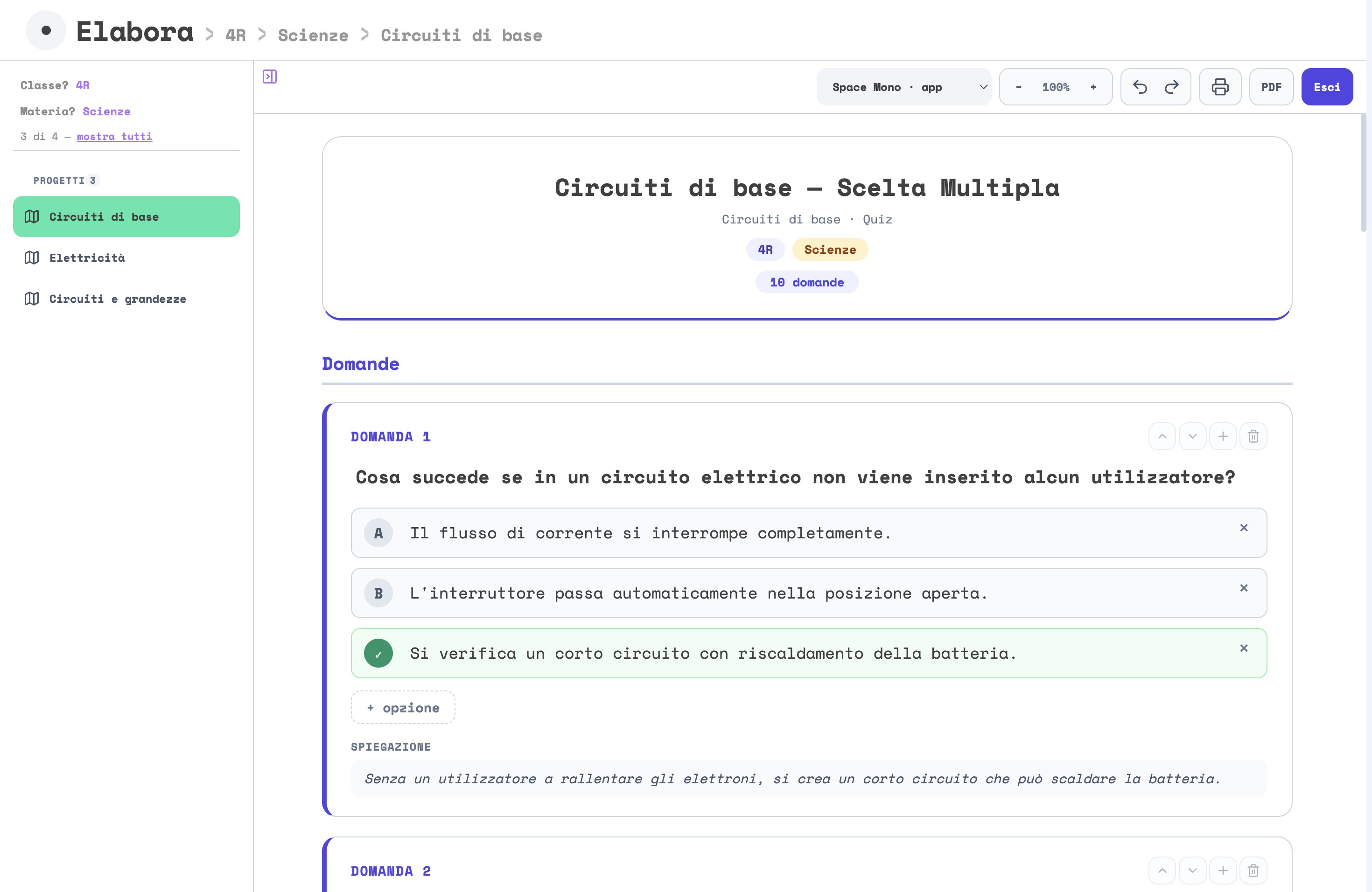 Un quiz aperto nell’editor di ELABORA