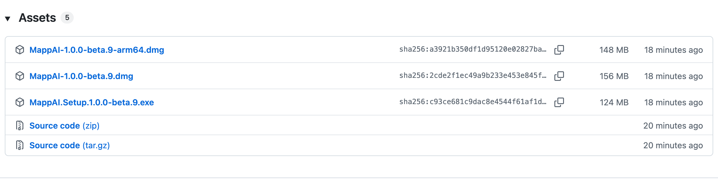 La sezione Assets della release su GitHub: MappAI-1.0.0-beta.9-arm64.dmg, MappAI-1.0.0-beta.9.dmg e MappAI.Setup.1.0.0-beta.9.exe, ciascuno col suo codice sha256 e la dimensione; sotto, i due Source code