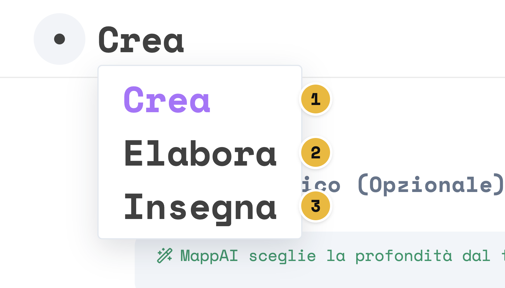 Il menu Cosa aperto con le voci Crea, Elabora e Insegna numerate 1, 2 e 3