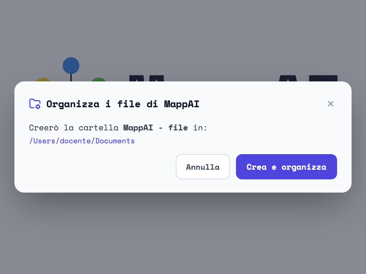 La finestra Organizza i file di MappAI: Creerò la cartella MappAI - file in /Users/docente/Documents, con i bottoni Annulla e Crea e organizza