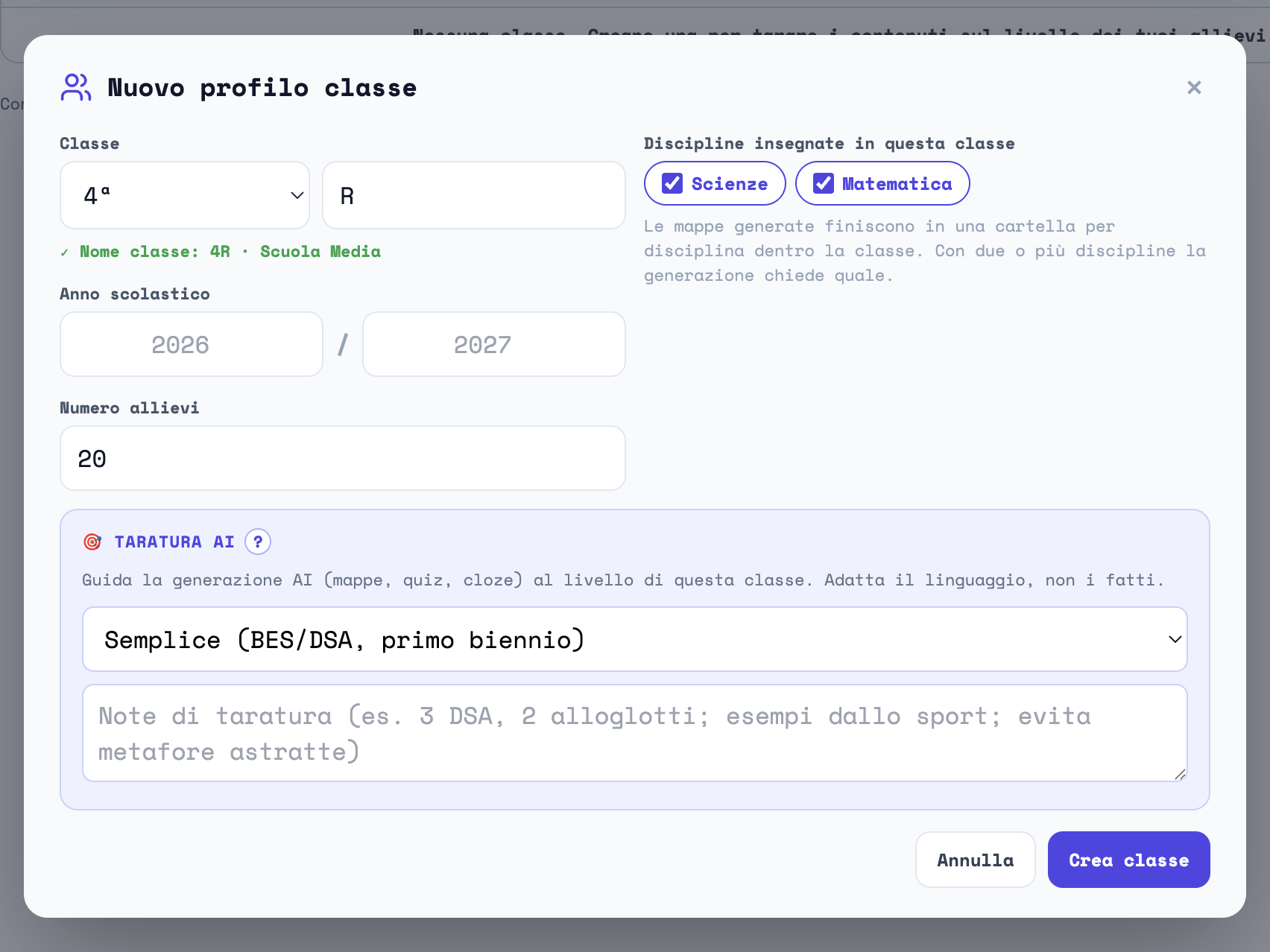 La finestra Nuovo profilo classe compilata: grado e sezione con il nome della classe in verde, anno scolastico, numero allievi, discipline, il riquadro Taratura AI con il registro e le note