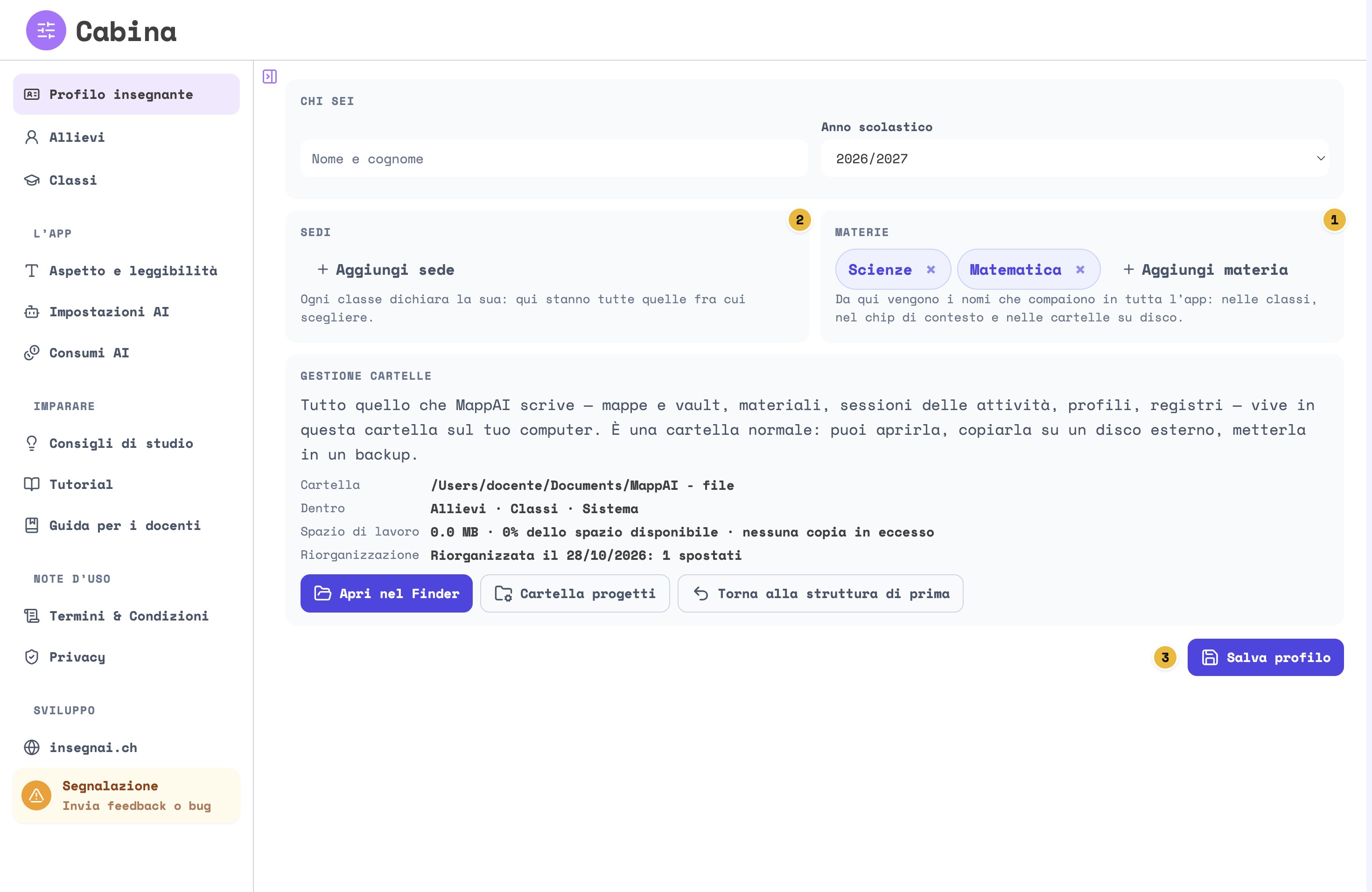 La Cabina sulla voce Profilo insegnante: i riquadri Chi sei, Sedi e Materie con le materie aggiunte, Gestione cartelle, e il bottone Salva profilo; tre numeri cerchiati