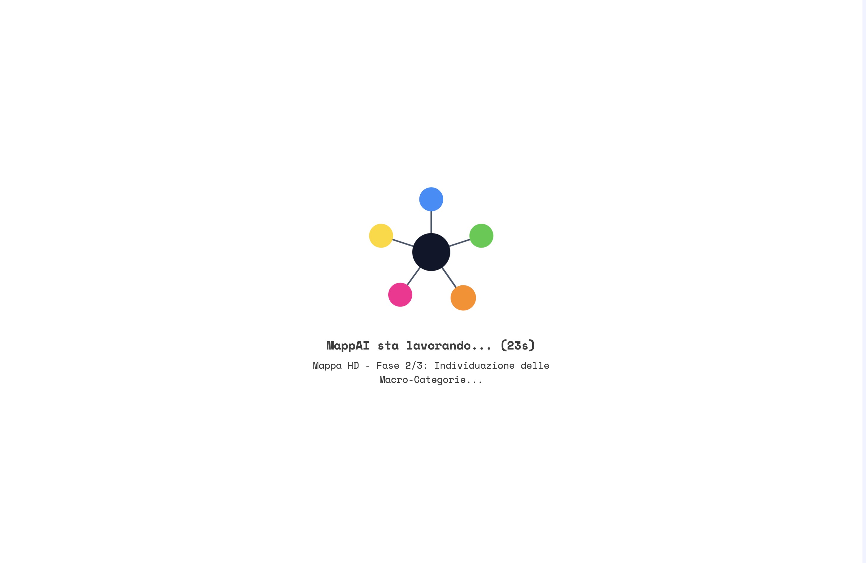 La finestra coperta durante la generazione: il logo, la scritta MappAI sta lavorando con i secondi e la fase Mappa HD - Fase 2/3: Individuazione delle Macro-Categorie