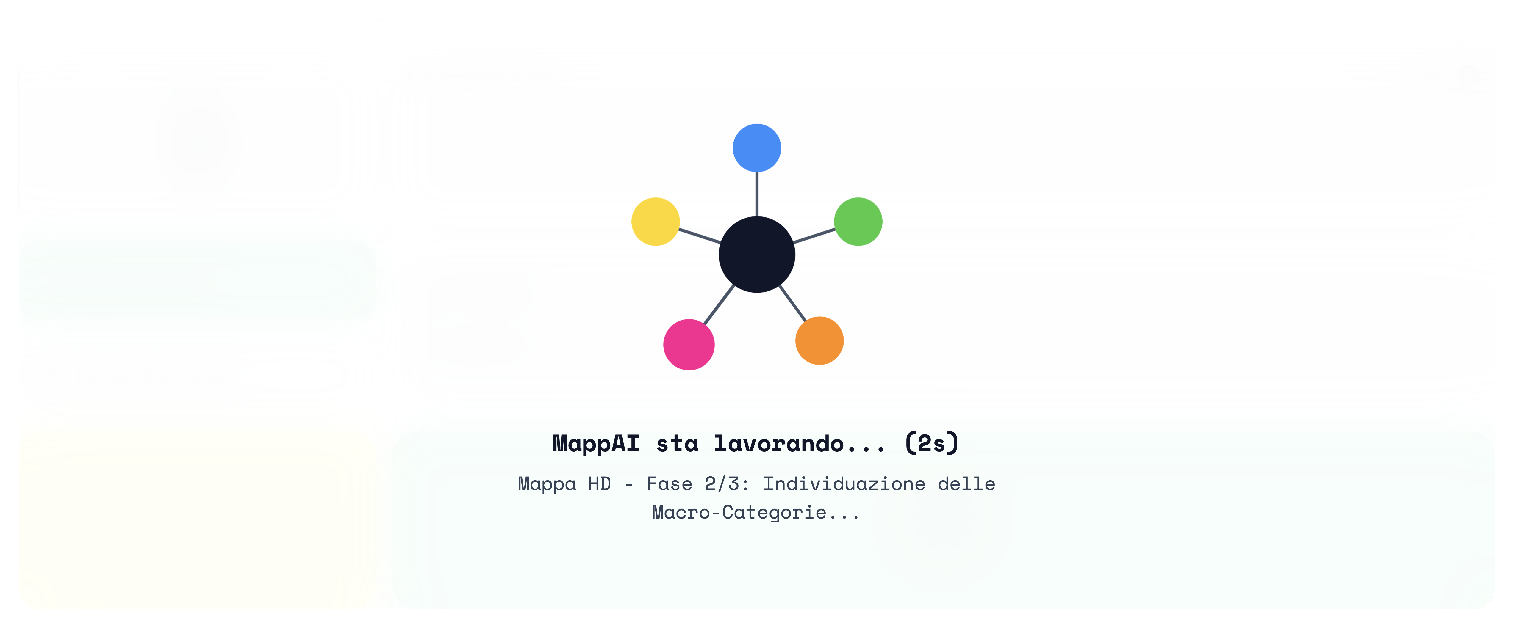 Il velo dell'attesa: il logo di MappAI, la scritta MappAI sta lavorando con i secondi, e sotto la fase in corso