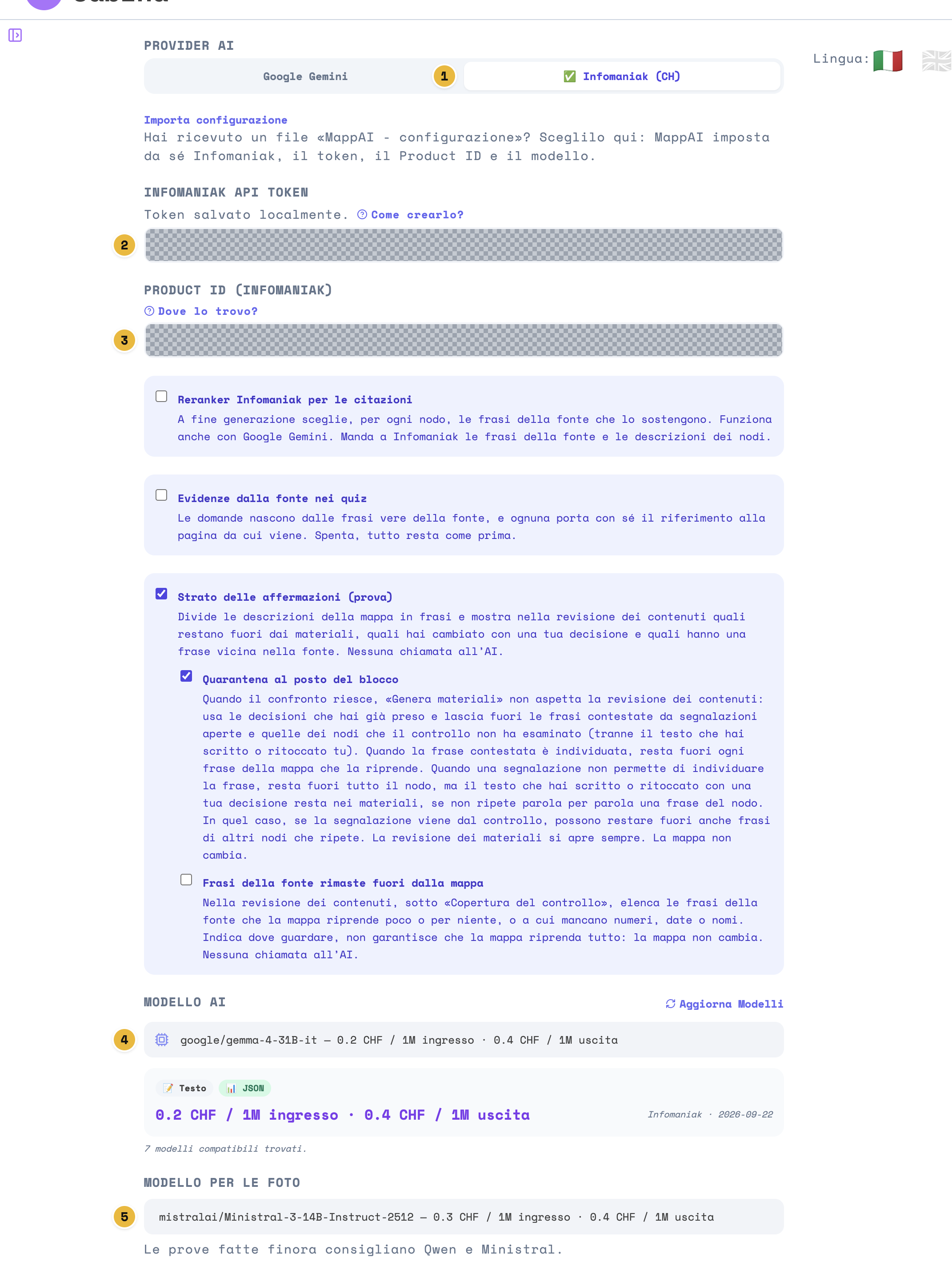 Cabina, Impostazioni AI: Infomaniak scelto, i campi del token e del Product ID coperti da un mosaico, le tendine Modello AI e Modello per le foto; cinque numeri cerchiati