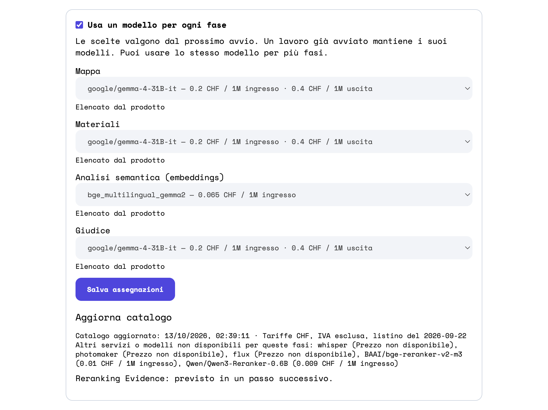 Il riquadro Usa un modello per ogni fase acceso: le tendine Mappa, Materiali, Analisi semantica e Giudice, ciascuna con sotto Elencato dal prodotto, e il bottone Salva assegnazioni