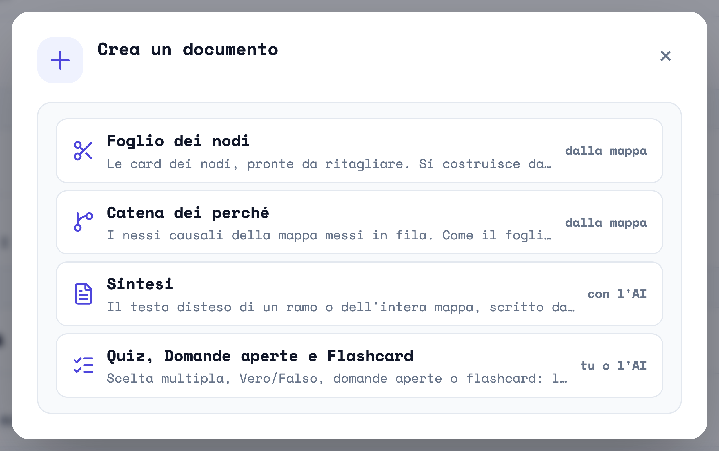 La finestra Crea un documento con le quattro voci: Foglio dei nodi, Catena dei perché, Sintesi, Quiz Domande aperte e Flashcard