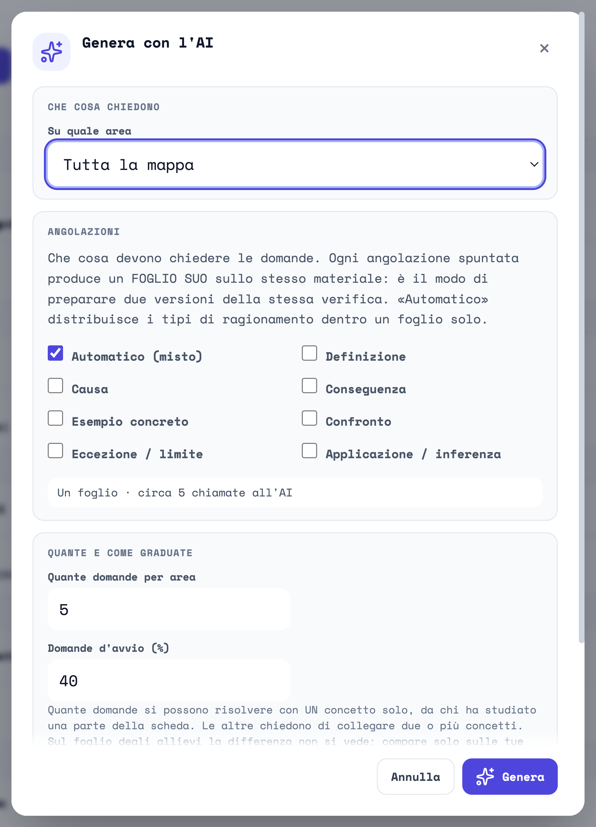 La finestra Genera con l'AI: Su quale area, le otto angolazioni, la stima dei fogli e delle chiamate, Quante domande per area, Domande d'avvio, il nome facoltativo e i bottoni Annulla e Genera