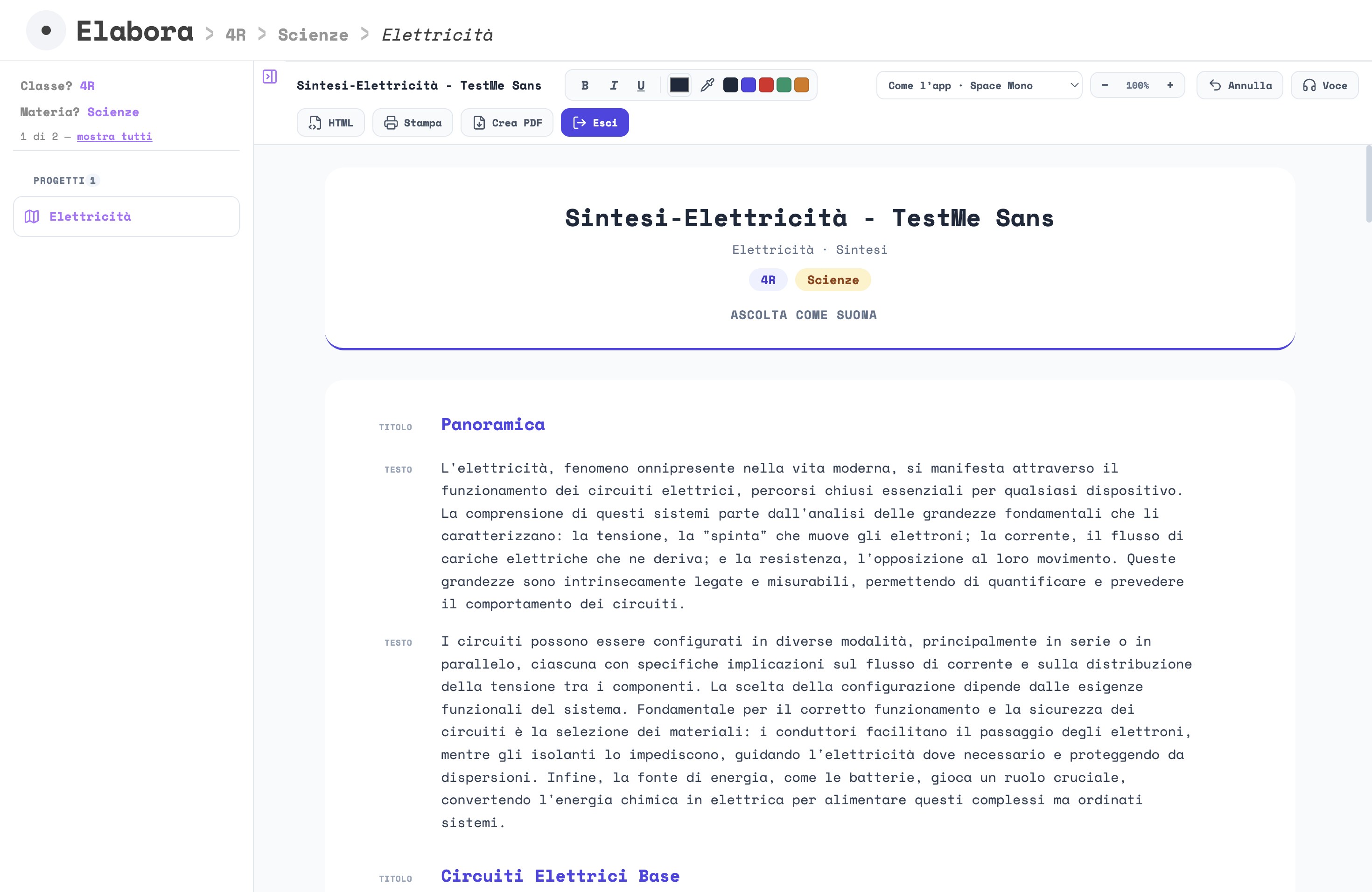 L'editor della sintesi di Elettricità: la barra con Voce e HTML, la panoramica e i paragrafi dei rami