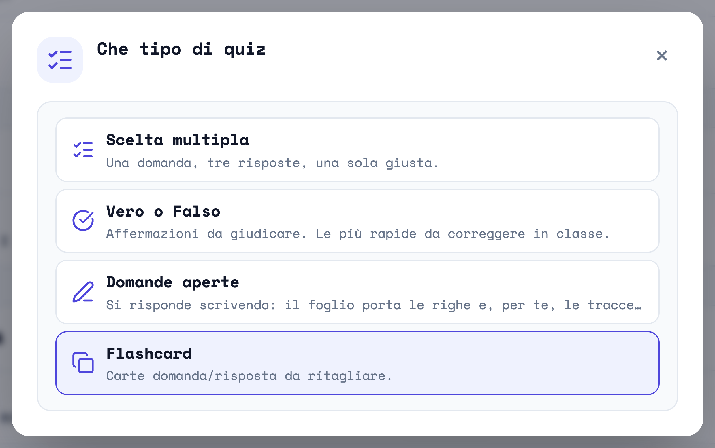 La finestra Che tipo di quiz con le voci Scelta multipla, Vero o Falso, Domande aperte, Flashcard