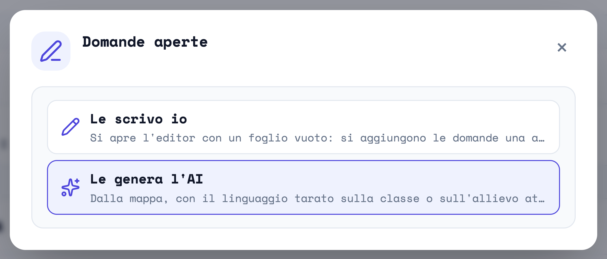 La finestra Domande aperte con le due voci Le scrivo io e Le genera l'AI