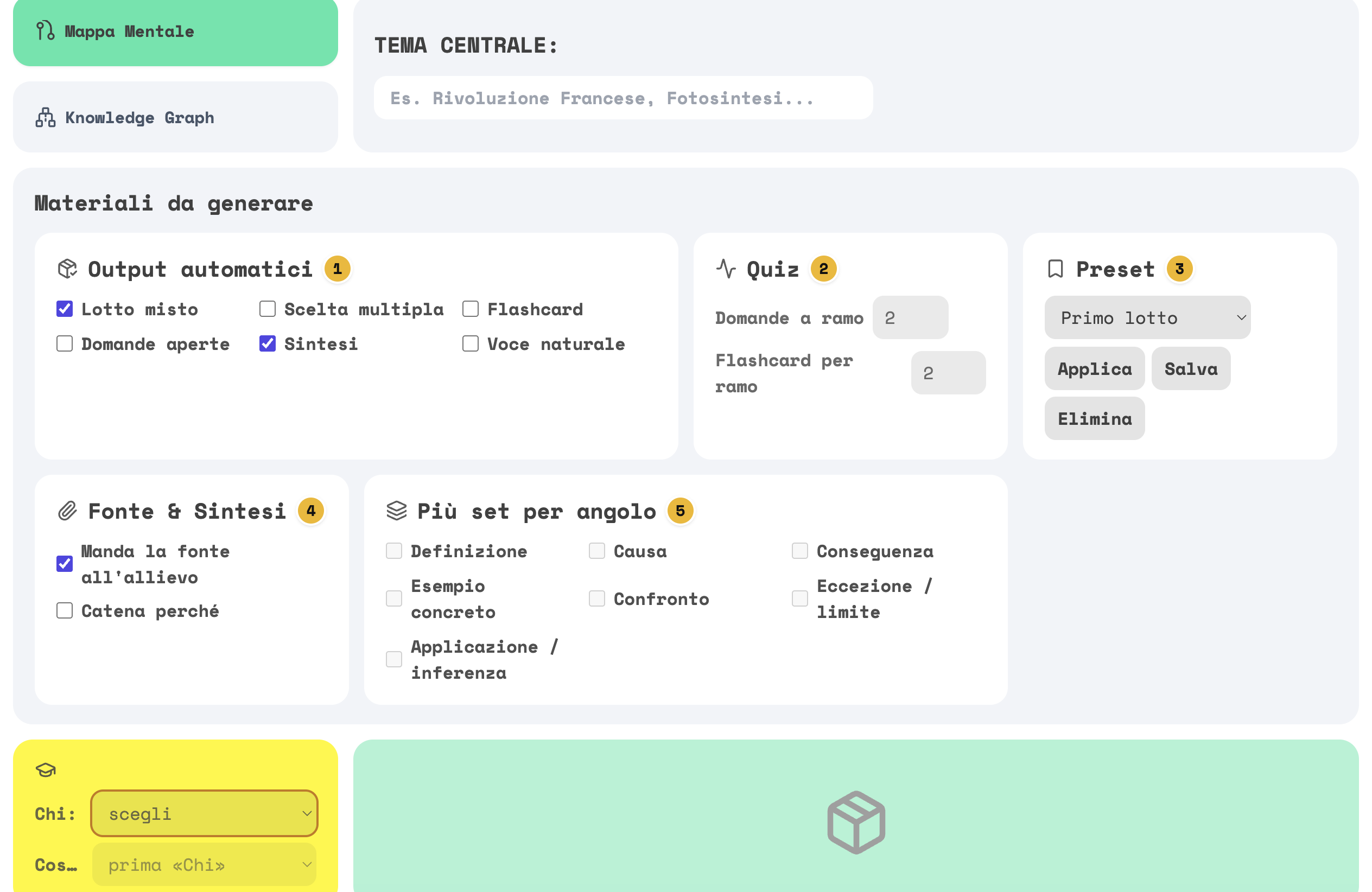 Il riquadro Materiali da generare con le spunte di partenza: Lotto misto e Sintesi in Output automatici, Domande a ramo 2 e Flashcard per ramo 2 in Quiz, il preset Primo lotto, Manda la fonte all'allievo in Fonte e Sintesi, nessun angolo; cinque numeri sui riquadri