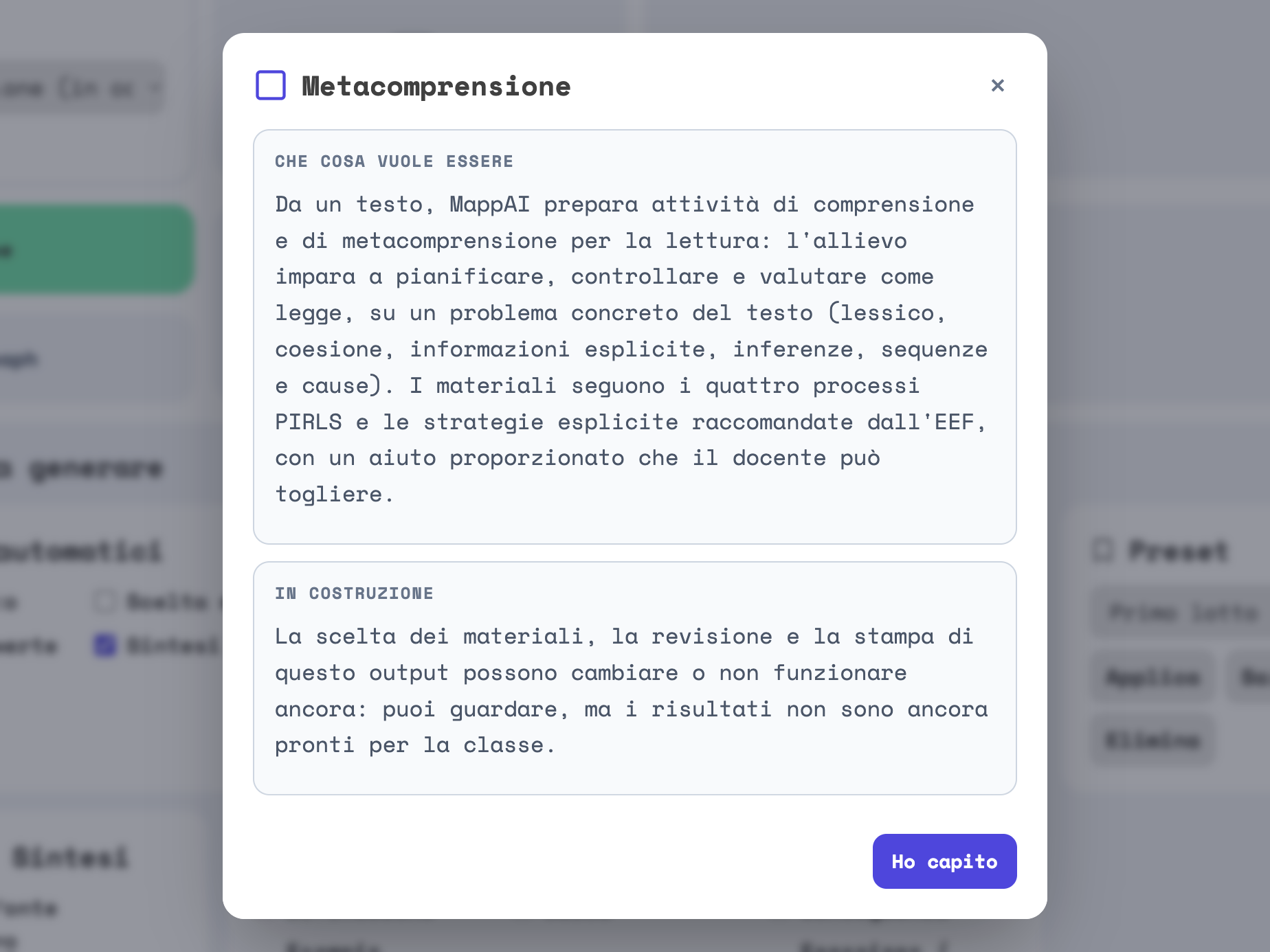 La finestra Metacomprensione sopra la pagina Crea: la parte Che cosa vuole essere, la parte In costruzione e il bottone Ho capito