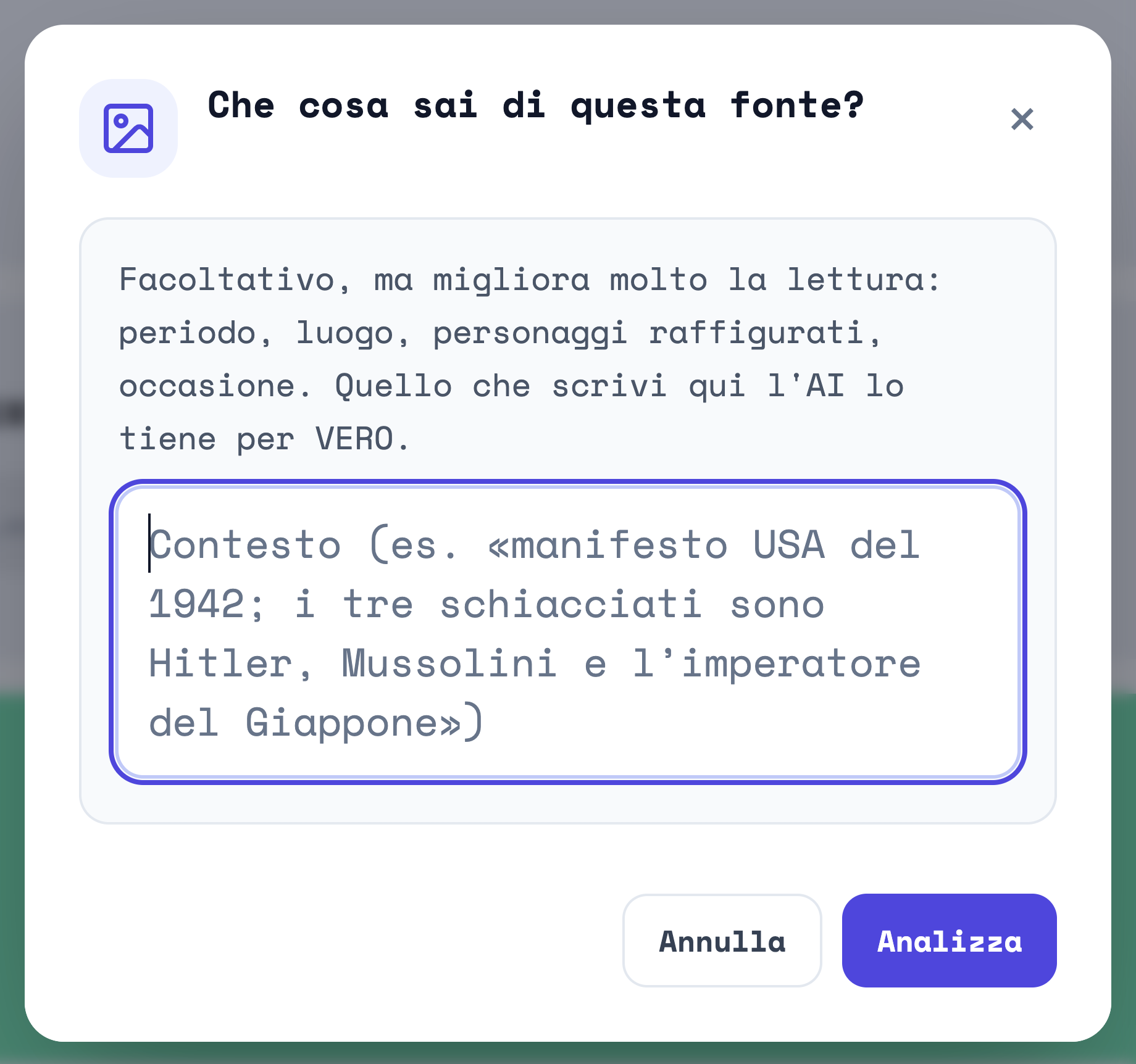 La finestra Che cosa sai di questa fonte, con l'area di testo per il contesto e i bottoni Annulla e Analizza