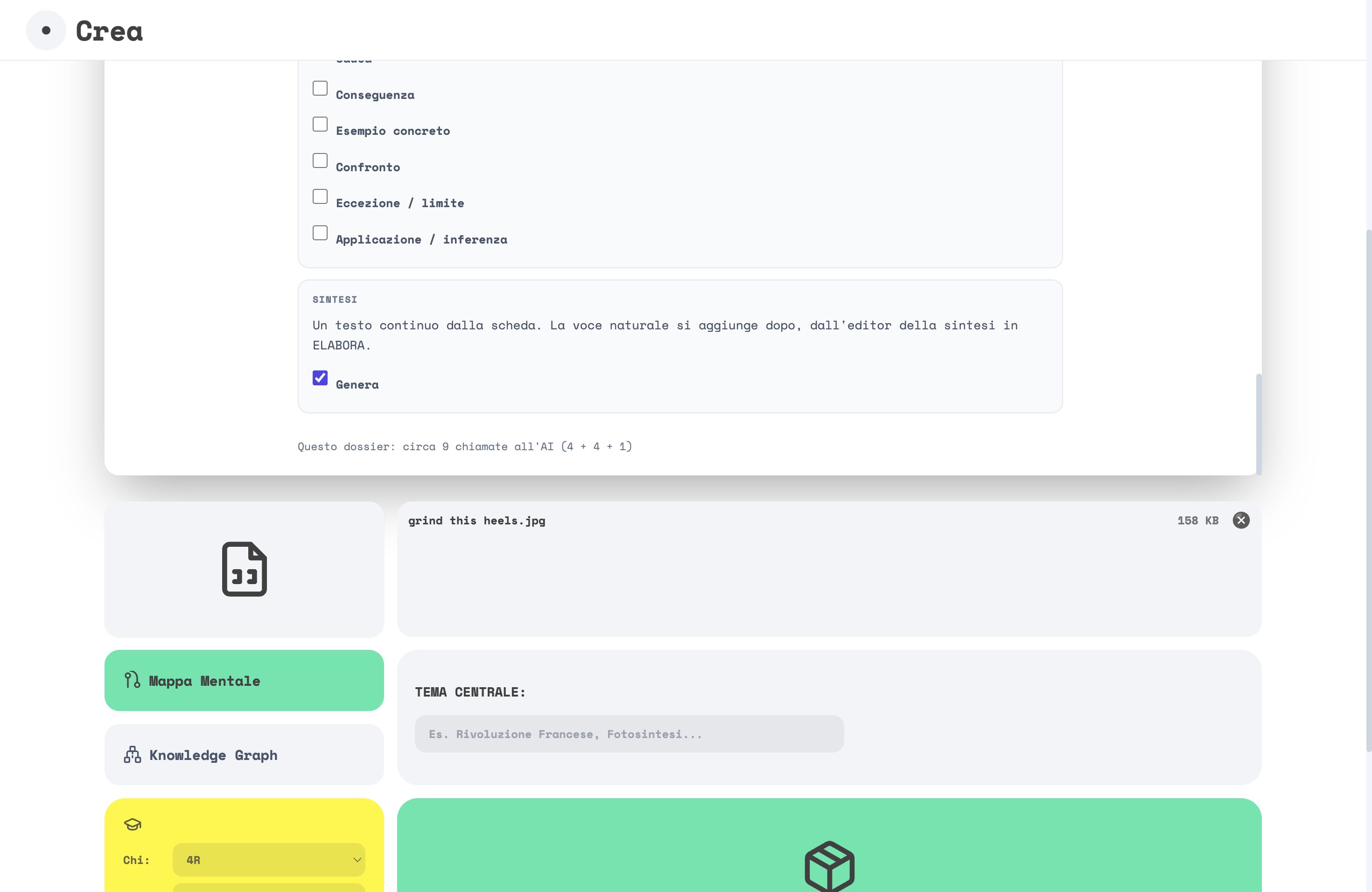 I riquadri Domande aperte, Flashcard e Sintesi in fondo alla scheda, con il conto delle chiamate