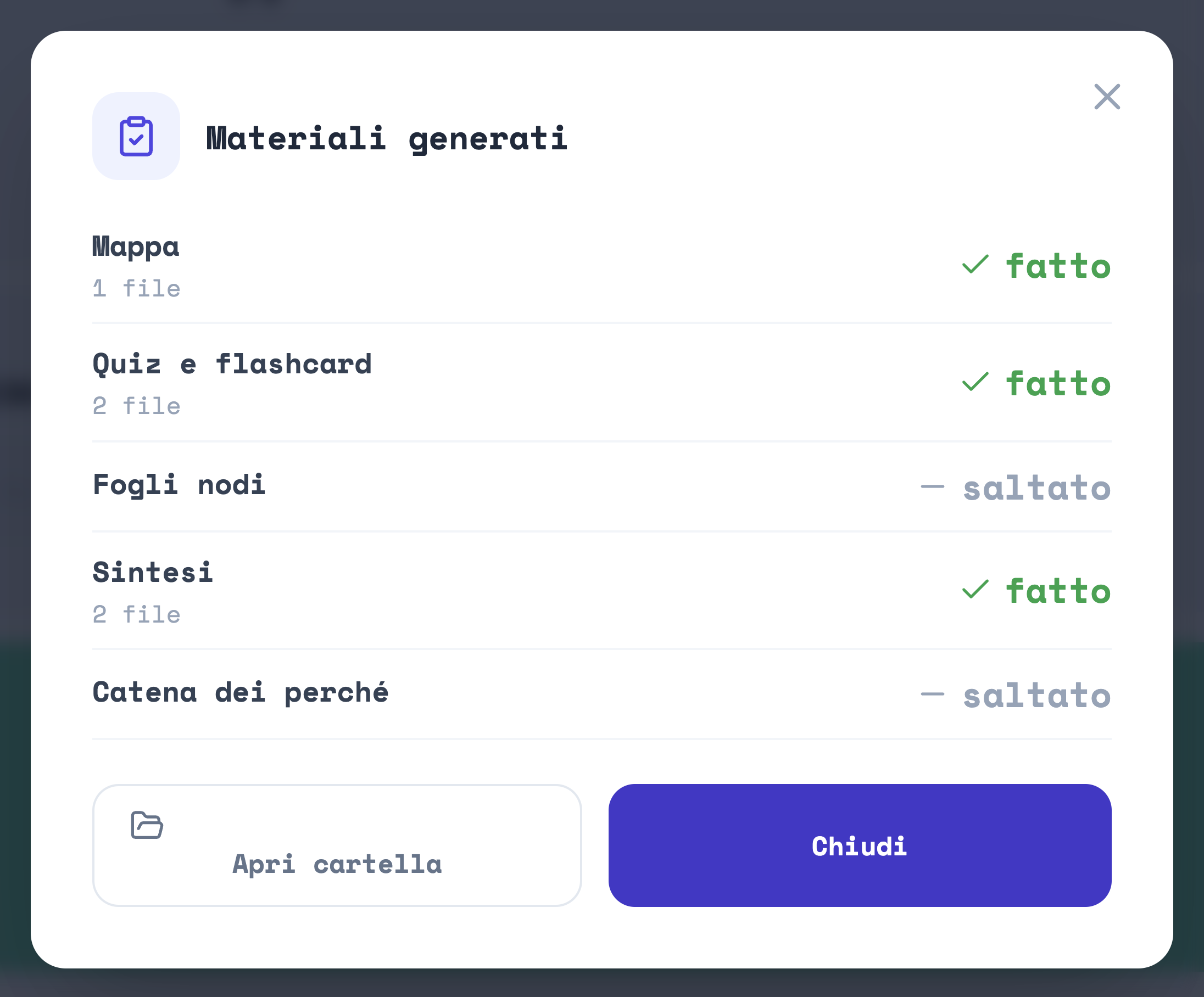 La finestra Materiali generati per il dossier: Mappa 1 file fatto, Quiz e flashcard 2 file fatto, Sintesi 2 file fatto