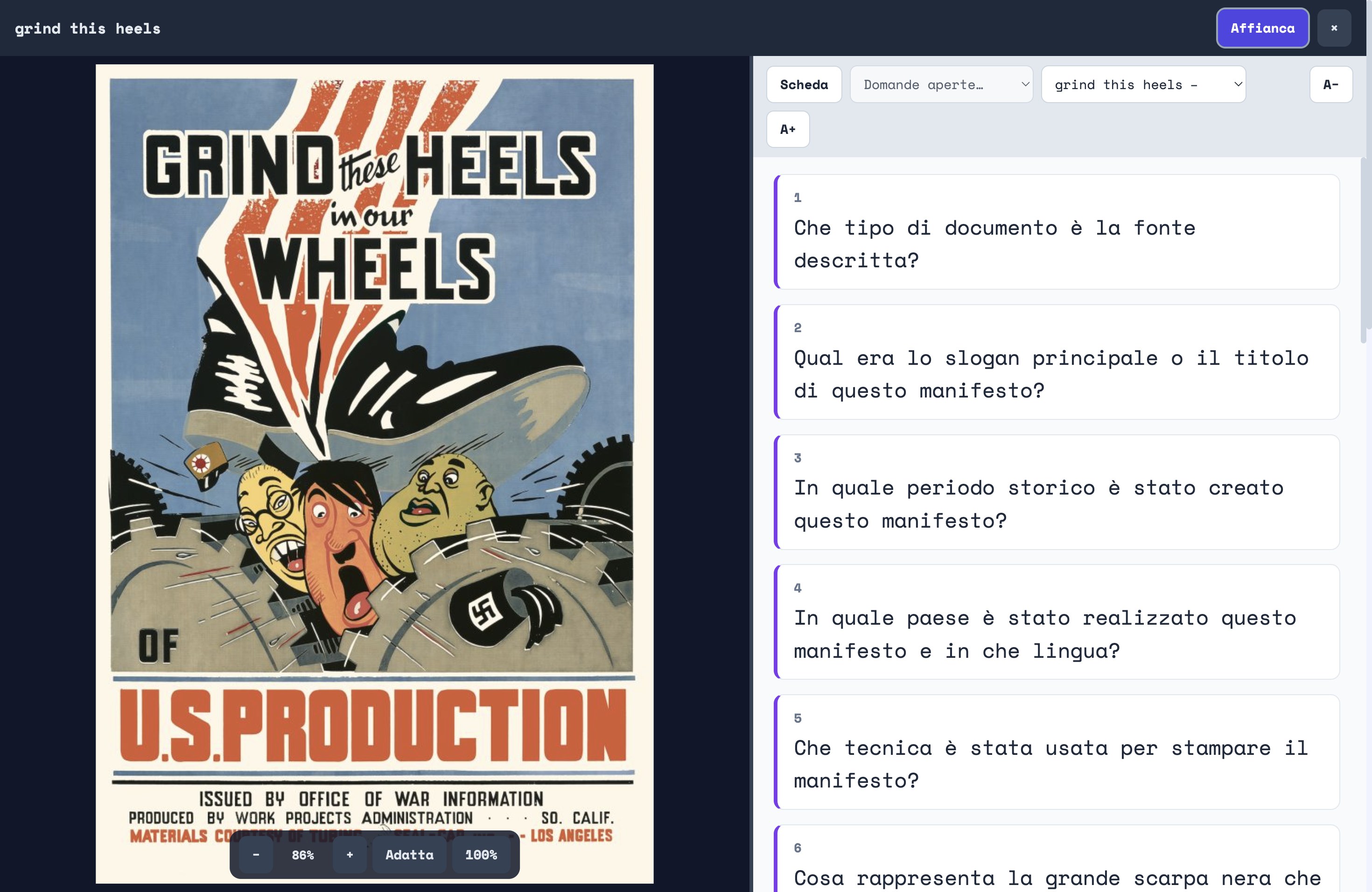 La proiezione con il pannello Affianca aperto a destra e un mazzo di flashcard