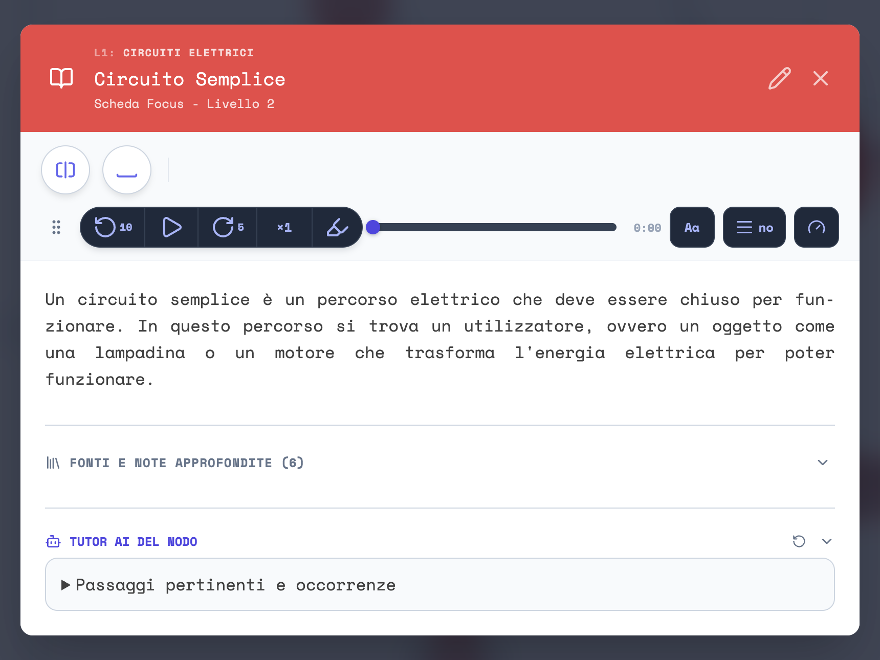 La Scheda Focus della voce Circuito Semplice: la testata rossa col livello, la fila dei comandi di lettura, il testo, Fonti e note approfondite, il Tutor AI del nodo e Passaggi pertinenti e occorrenze
