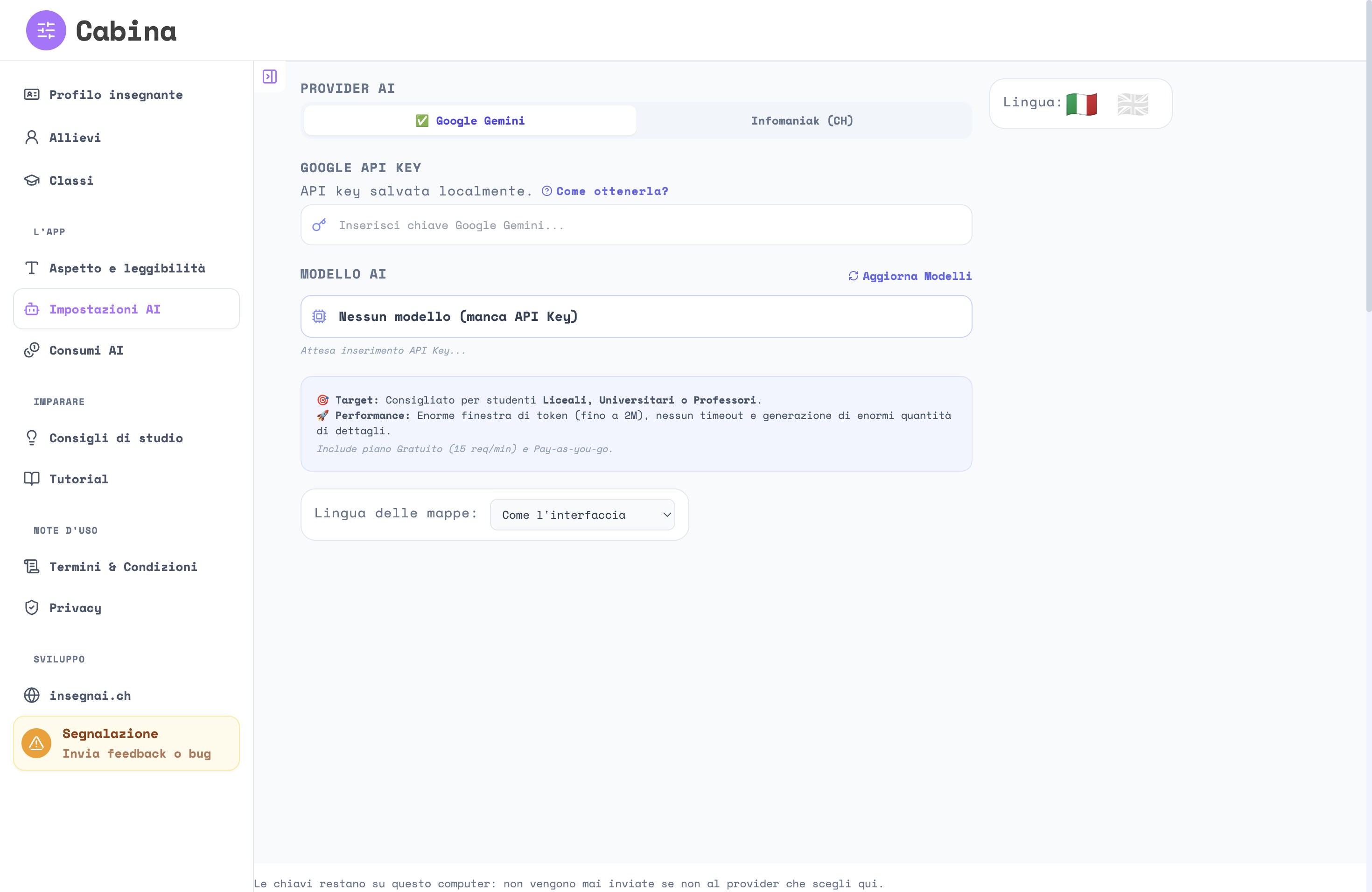 La Cabina sulla voce Impostazioni AI: il provider Google Gemini, il campo della chiave, la tendina del modello