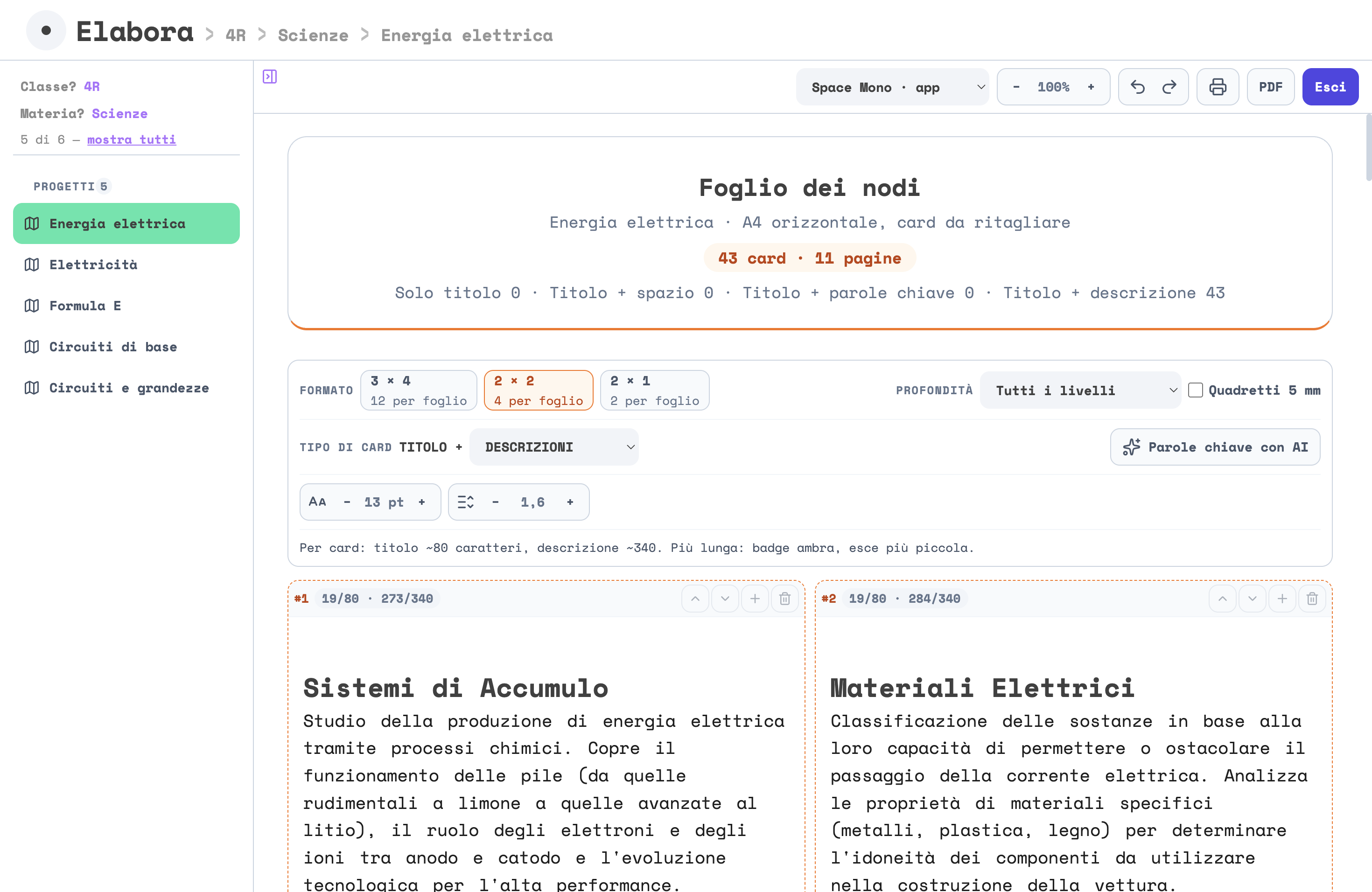 L'editor del Foglio dei nodi: 43 card in 11 pagine, Formato con 2 × 2 scelto, Profondità, Quadretti 5 mm, Tipo di card TITOLO + DESCRIZIONI, Parole chiave con AI, la dimensione e l'interlinea; sotto, le prime due card con il titolo e la descrizione allineata a sinistra