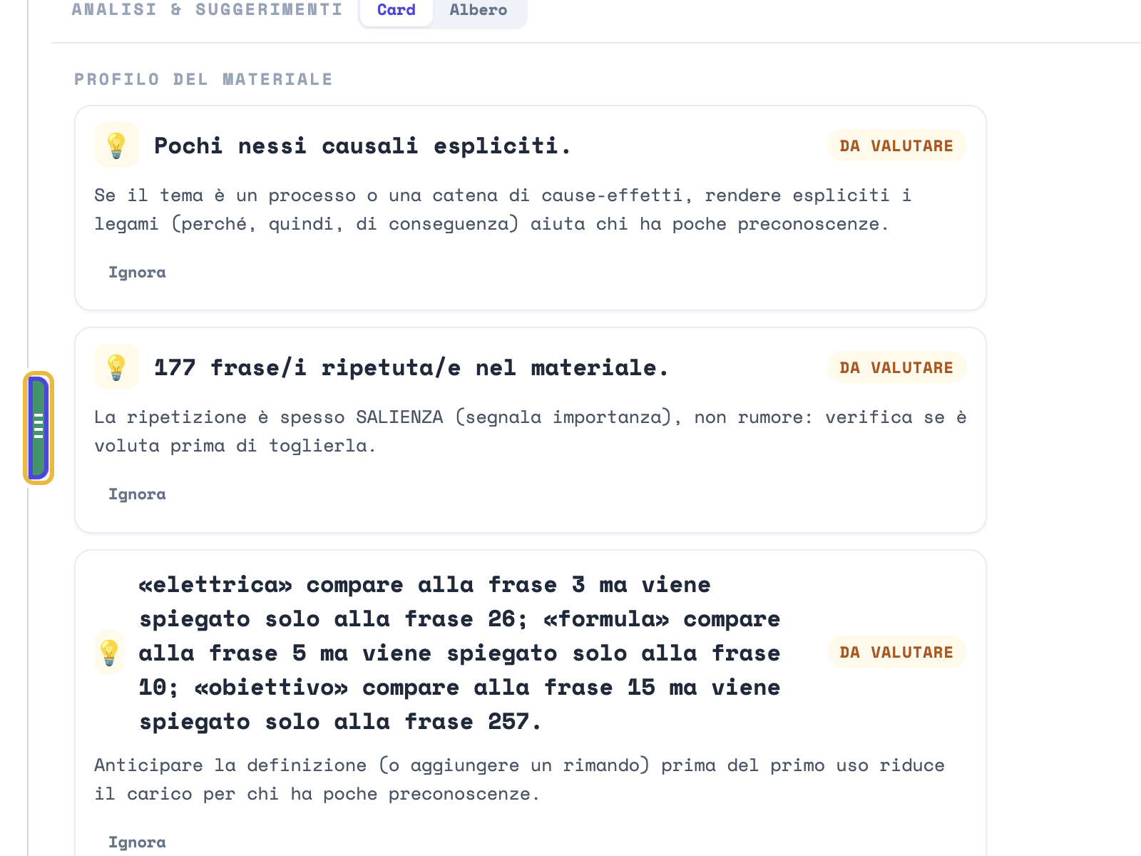 La stessa vista con la fonte chiusa: a sinistra resta solo la linguetta verde, cerchiata in giallo, e le schede dell'analisi prendono tutta la larghezza