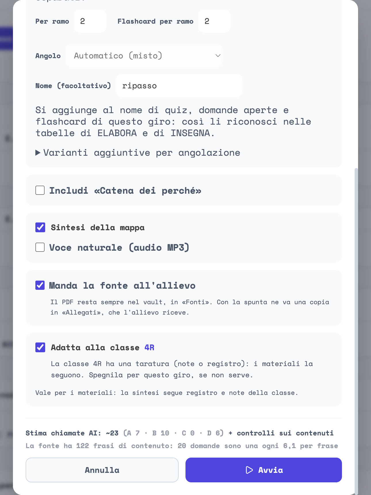 La finestra Genera materiali aperta da Più materiali insieme, con il campo Nome compilato, la spunta Includi Catena dei perché e la stima delle chiamate in fondo