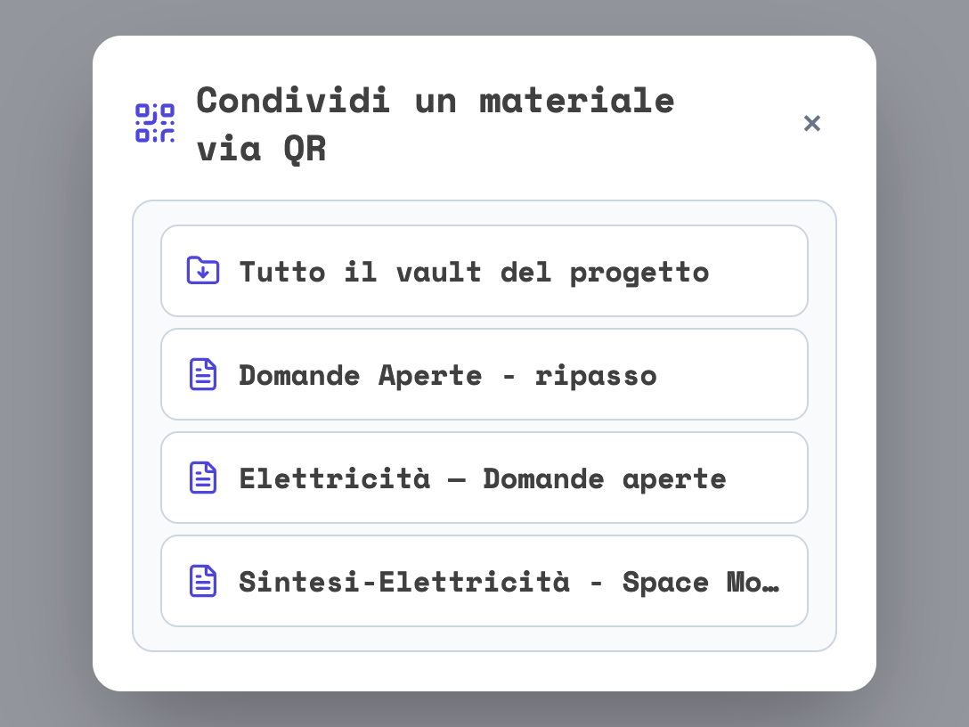 La finestra Condividi un materiale via QR sopra INSEGNA: in testa Tutto il vault del progetto, sotto i materiali in HTML della mappa Elettricità