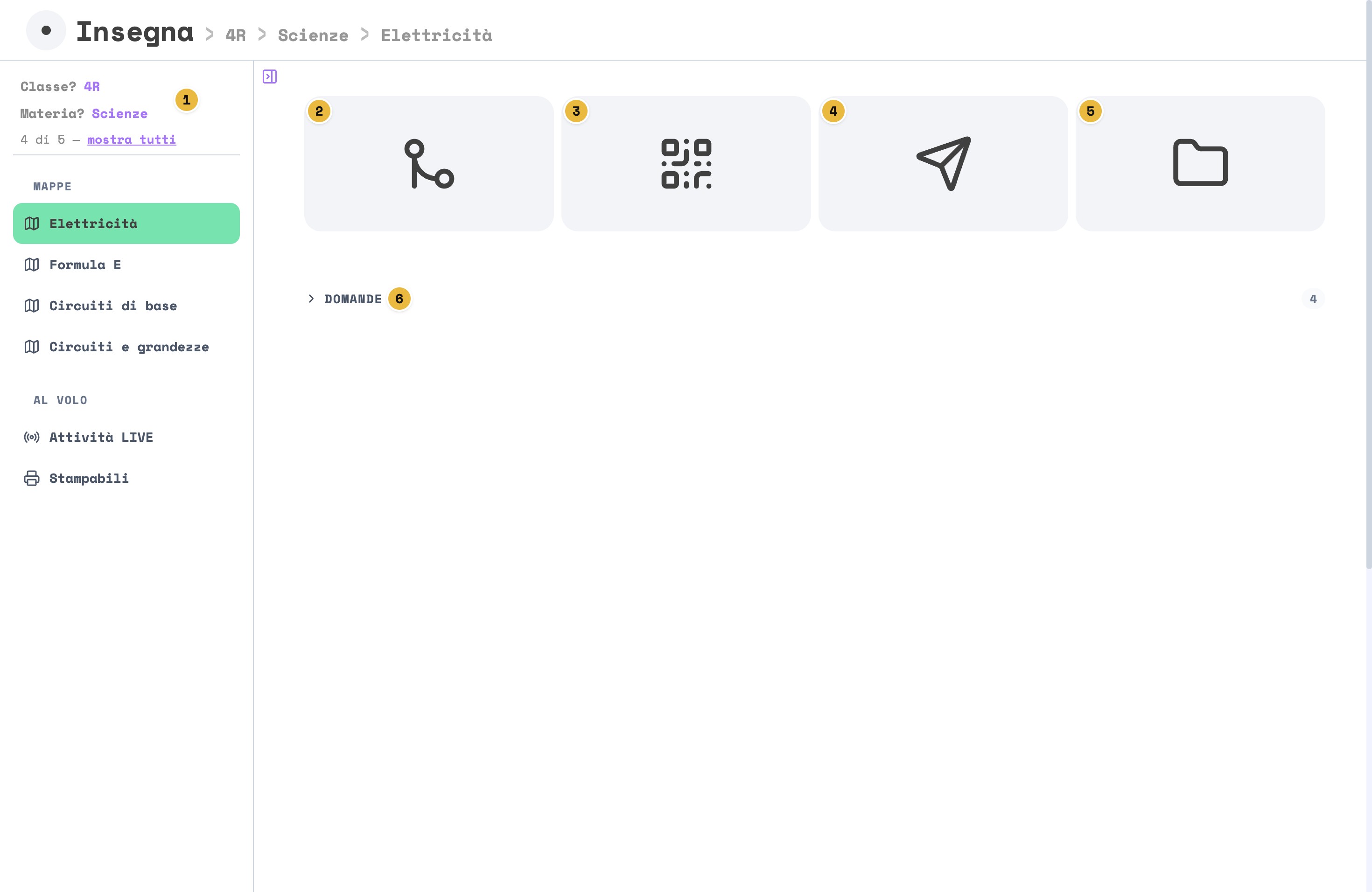 La pagina Insegna con la mappa Elettricità scelta: i filtri numerati 1, i quattro comandi a icona numerati da 2 a 5 (Mappa, Vault su iPad con l'icona del QR, Invia file con l'aeroplano di carta, Cartella), l'elenco Domande numerato 6