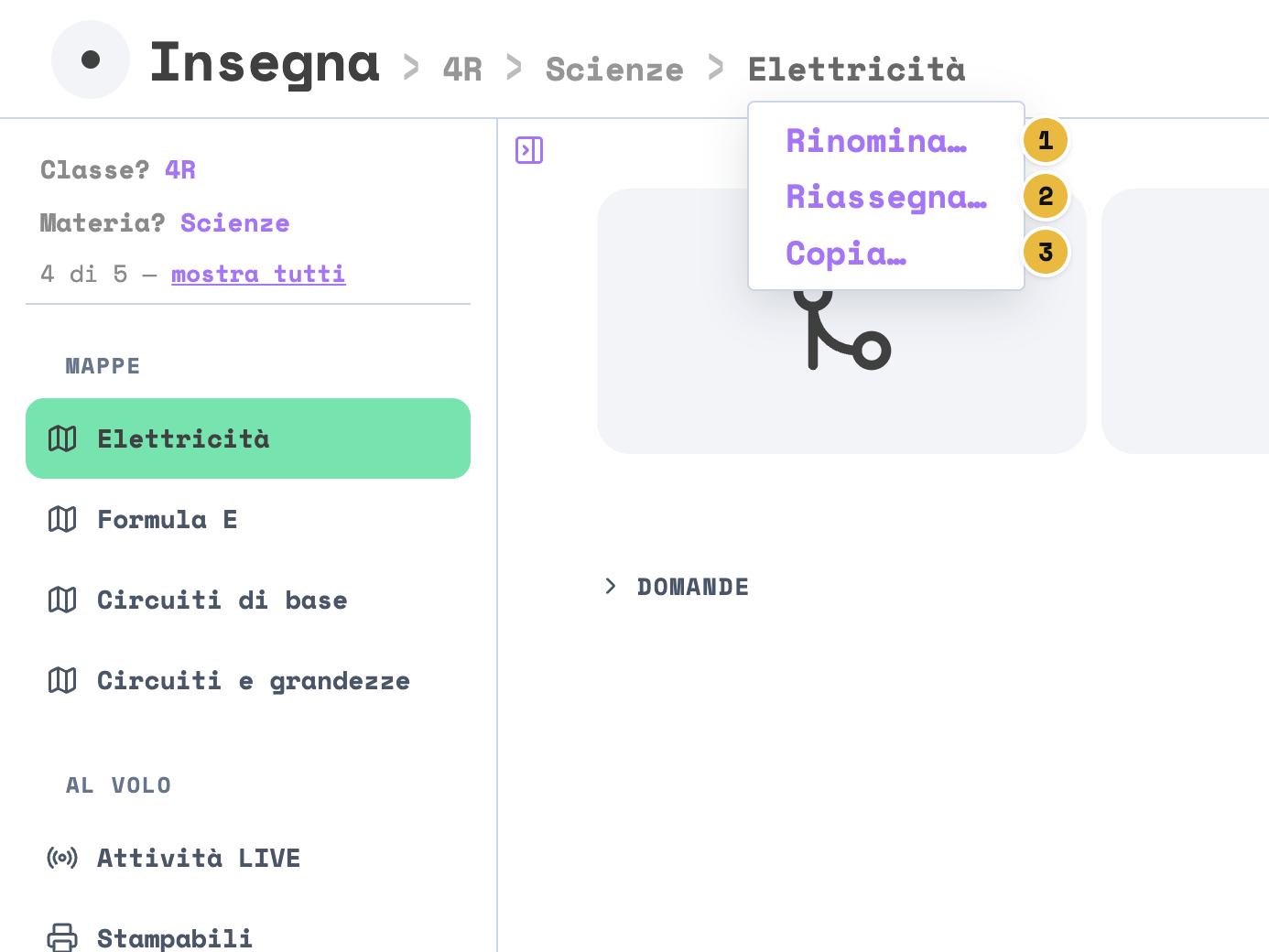 Il menu del nome del progetto, aperto dal percorso in alto: le voci Rinomina…, Riassegna… e Copia…, numerate 1, 2 e 3