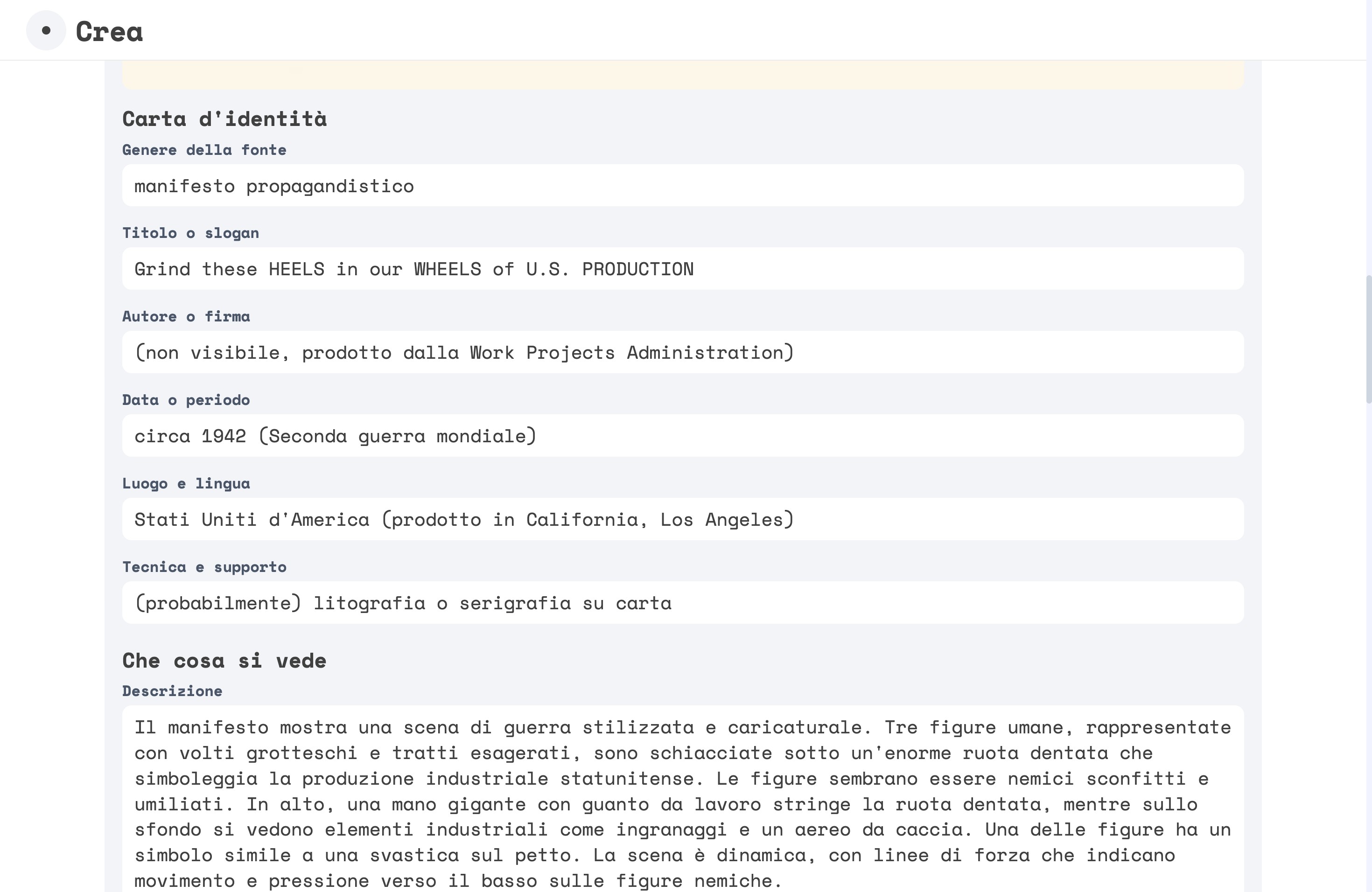 I campi della Carta d'identità: Genere della fonte, Titolo o slogan, Autore o firma, Data o periodo, Luogo e lingua, Tecnica e supporto; sotto, l'inizio di Che cosa si vede con la Descrizione