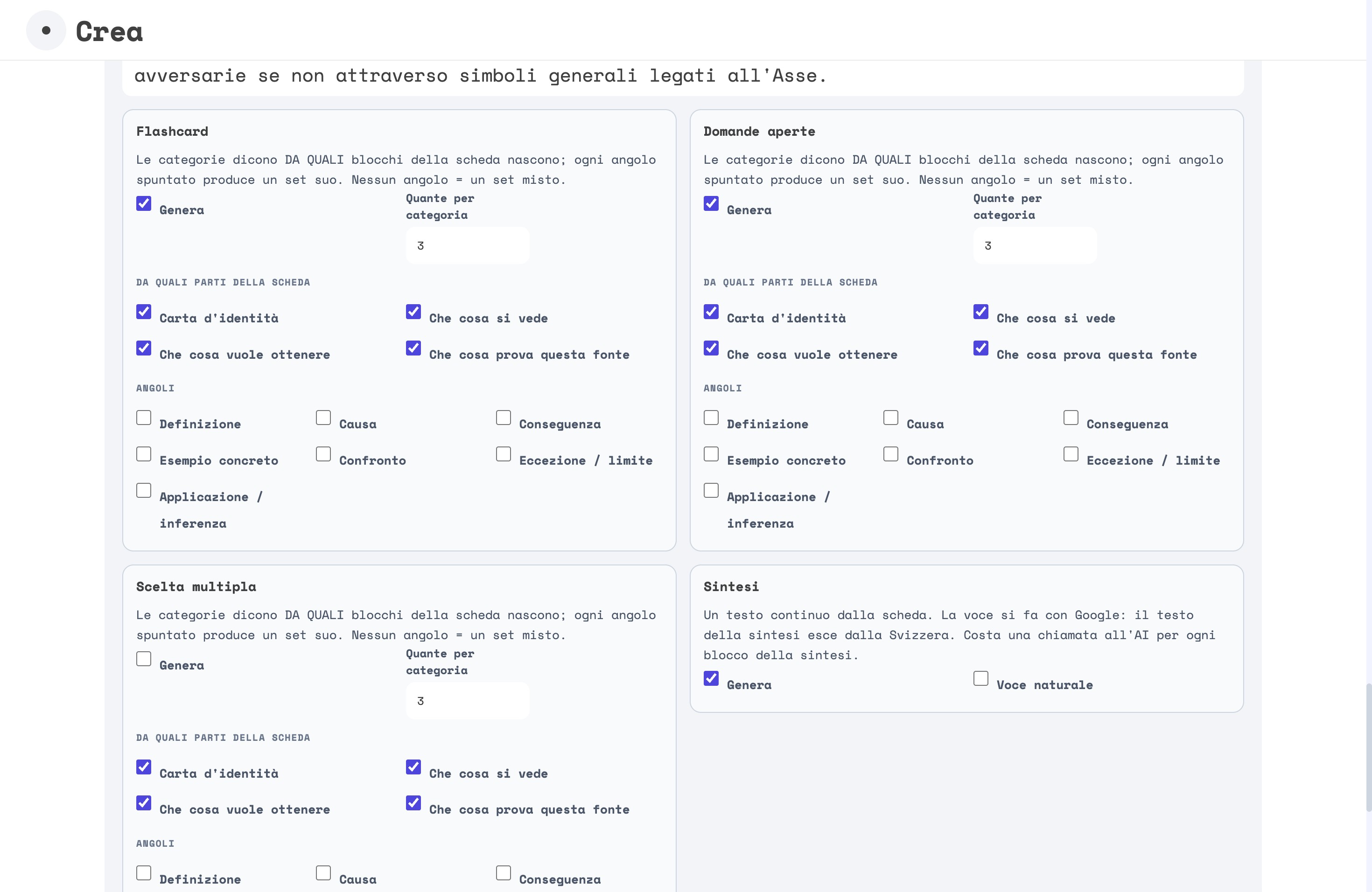 I quattro riquadri dei materiali: Flashcard e Domande aperte con Genera spuntato e 3 per categoria, Scelta multipla senza spunta, Sintesi con Genera spuntato e Voce naturale spenta; in ognuno le quattro parti della scheda spuntate e gli angoli vuoti