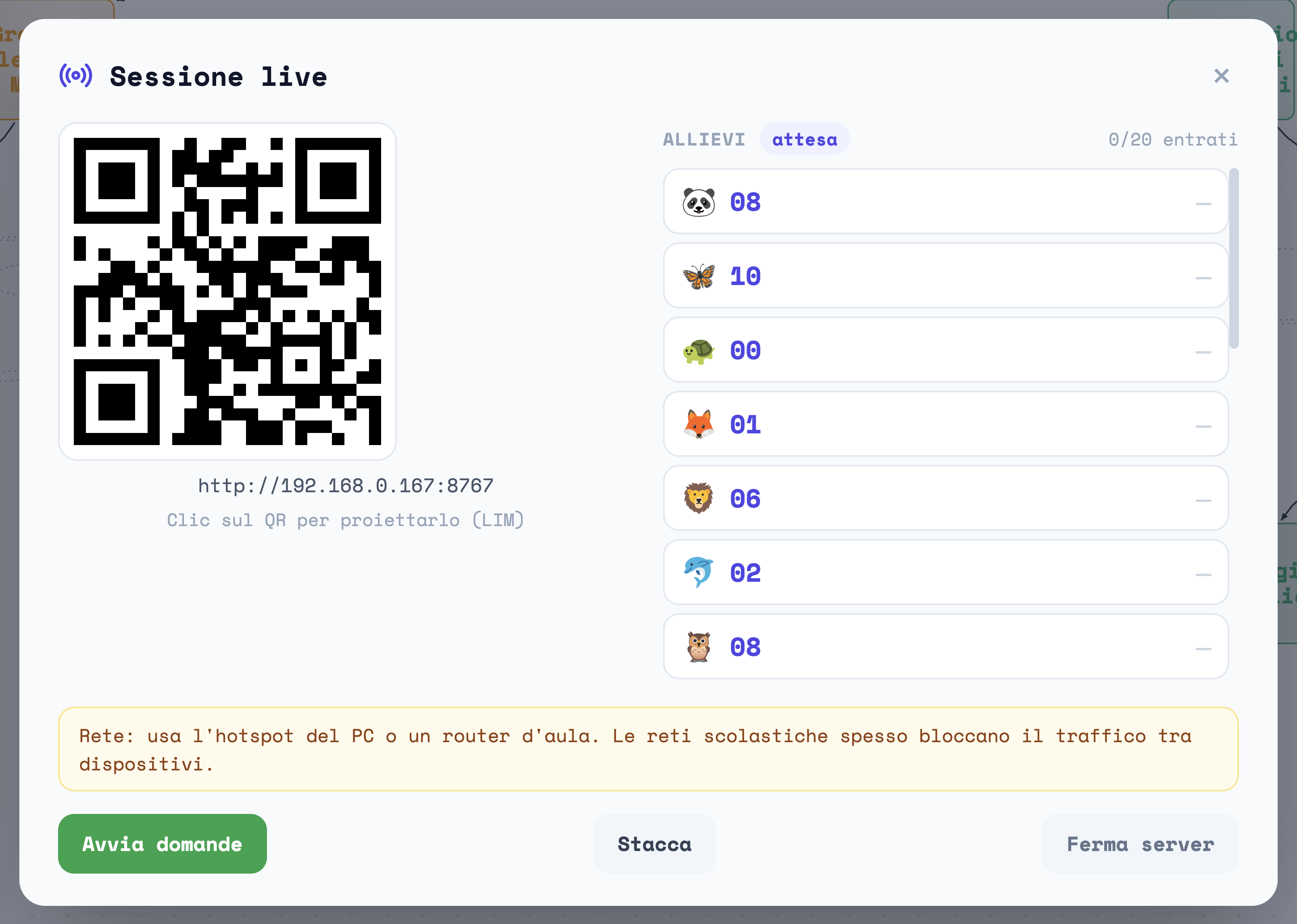 La finestra Sessione live con il QR, l'indirizzo, l'elenco degli allievi e i bottoni Avvia domande, Stacca, Ferma server
