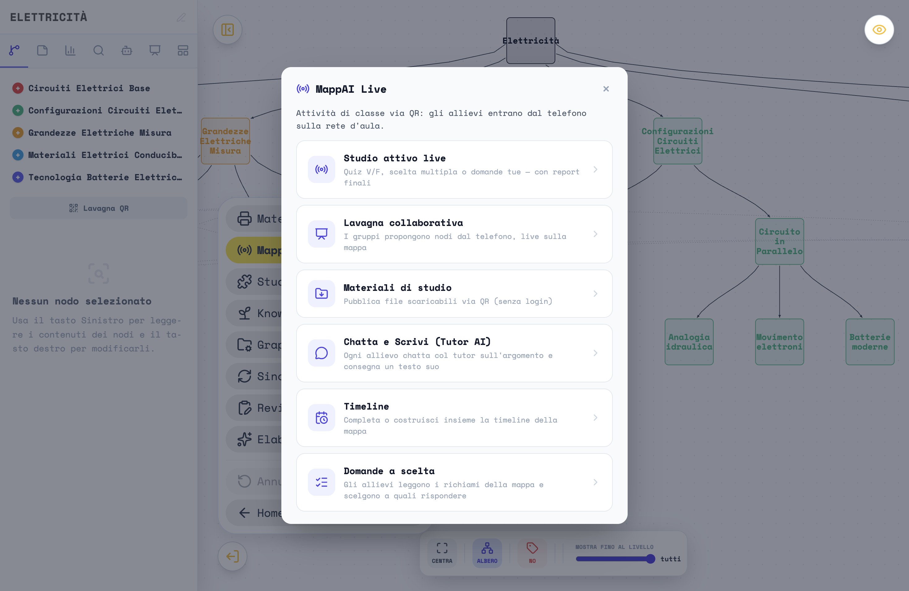 La finestra MappAI Live con le card delle attività, fra cui Domande a scelta