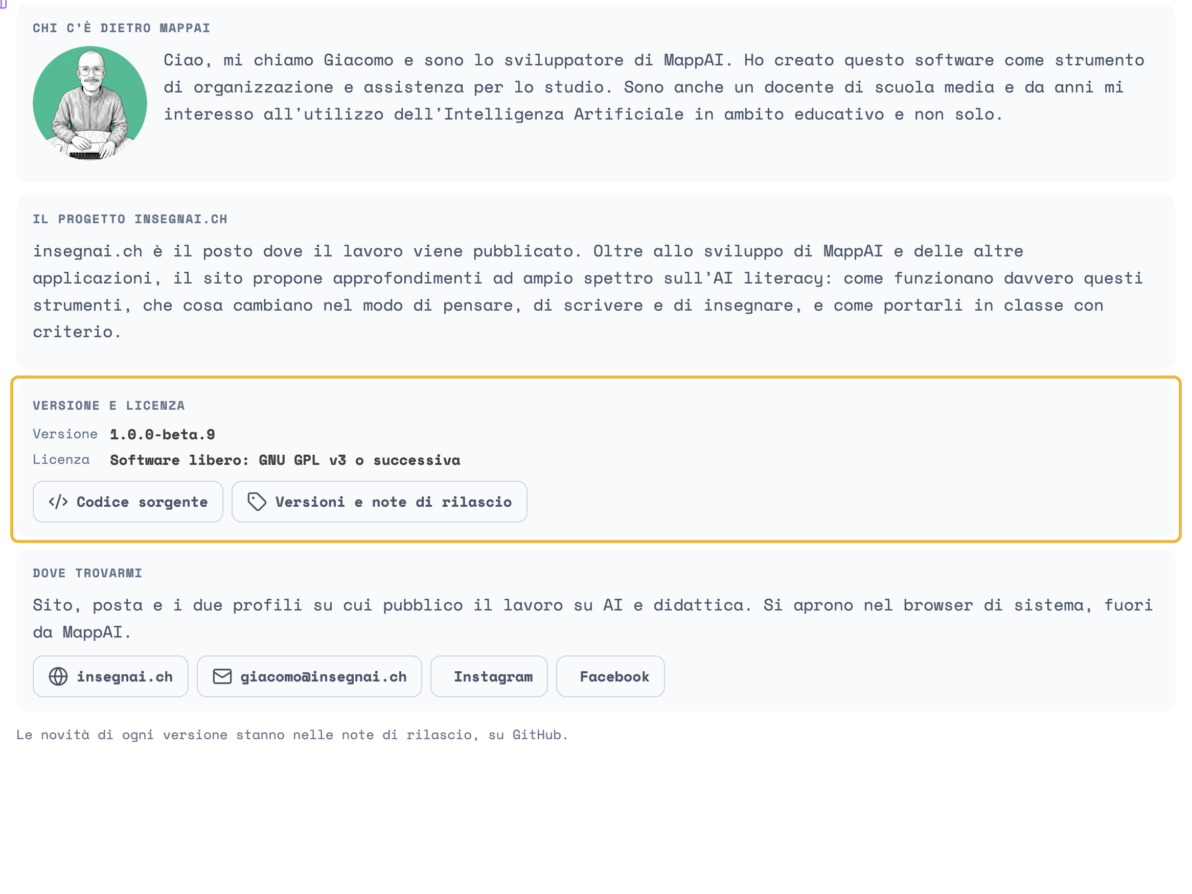 Il riquadro Versione e licenza, cerchiato in giallo: Versione 1.0.0-beta.9, Licenza Software libero: GNU GPL v3 o successiva, e i bottoni Codice sorgente e Versioni e note di rilascio