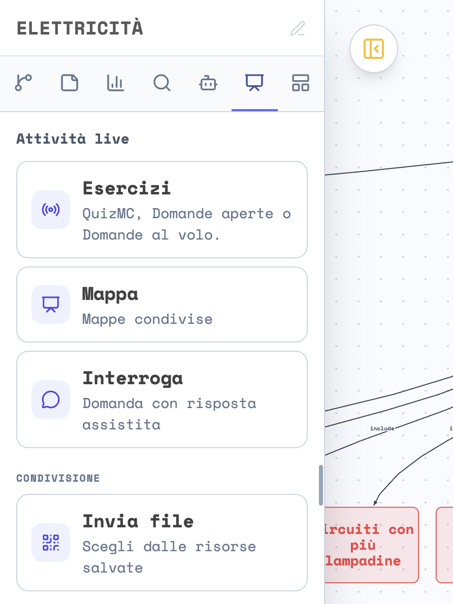 La colonna della mappa Elettricità sulla linguetta LIM: il titolo Attività live, le schede Esercizi, Mappa e Interroga e, sotto Condivisione, la scheda Invia file